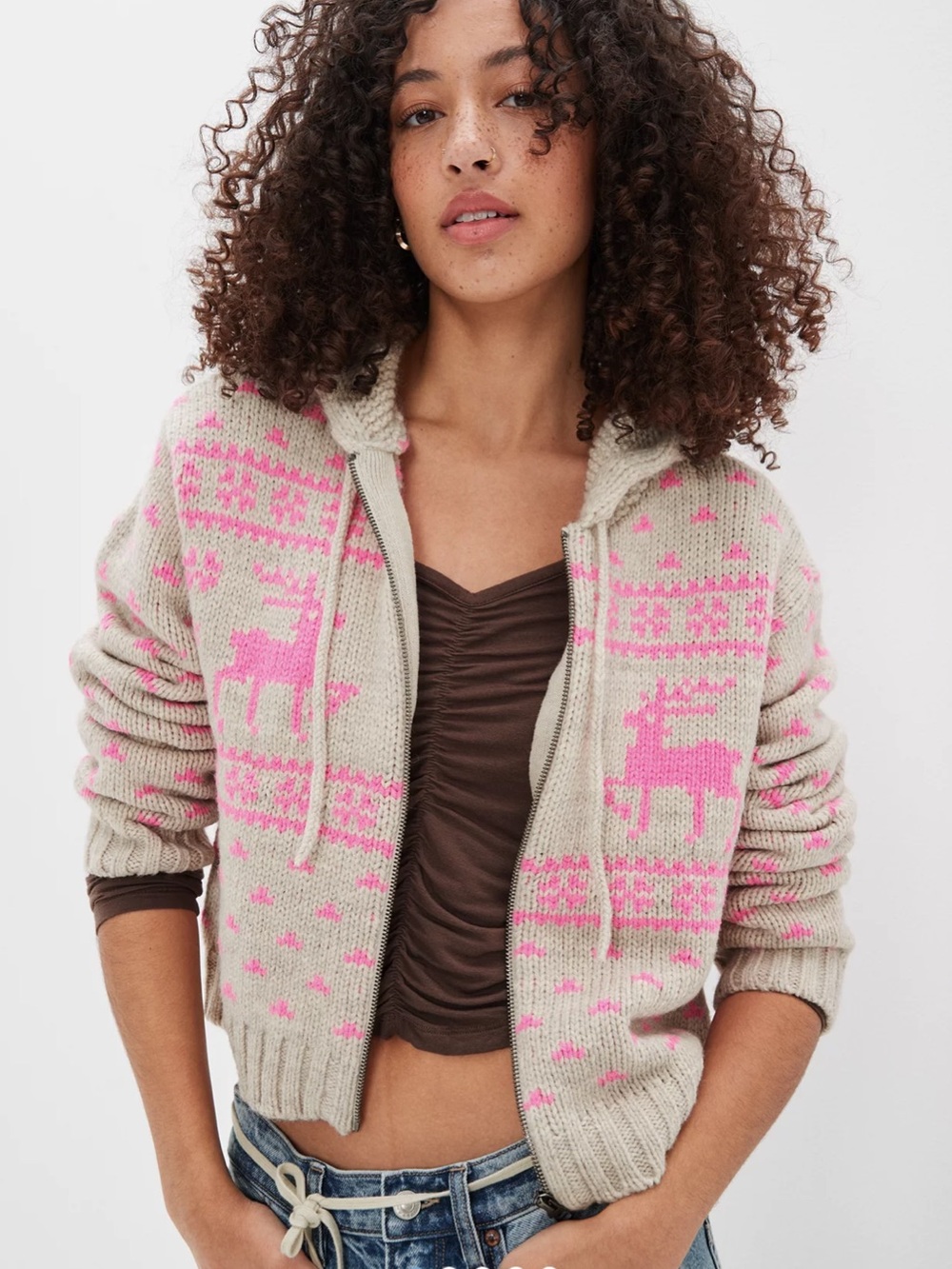 American Eagle Elk Zip Up Hooded Knit Sweater Pink & Cream Fair Isle Motif Sz S